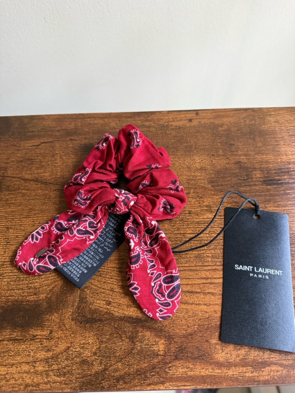Saint Laurent Red Bandana-Print Scrunchie with Bow Tie Accent